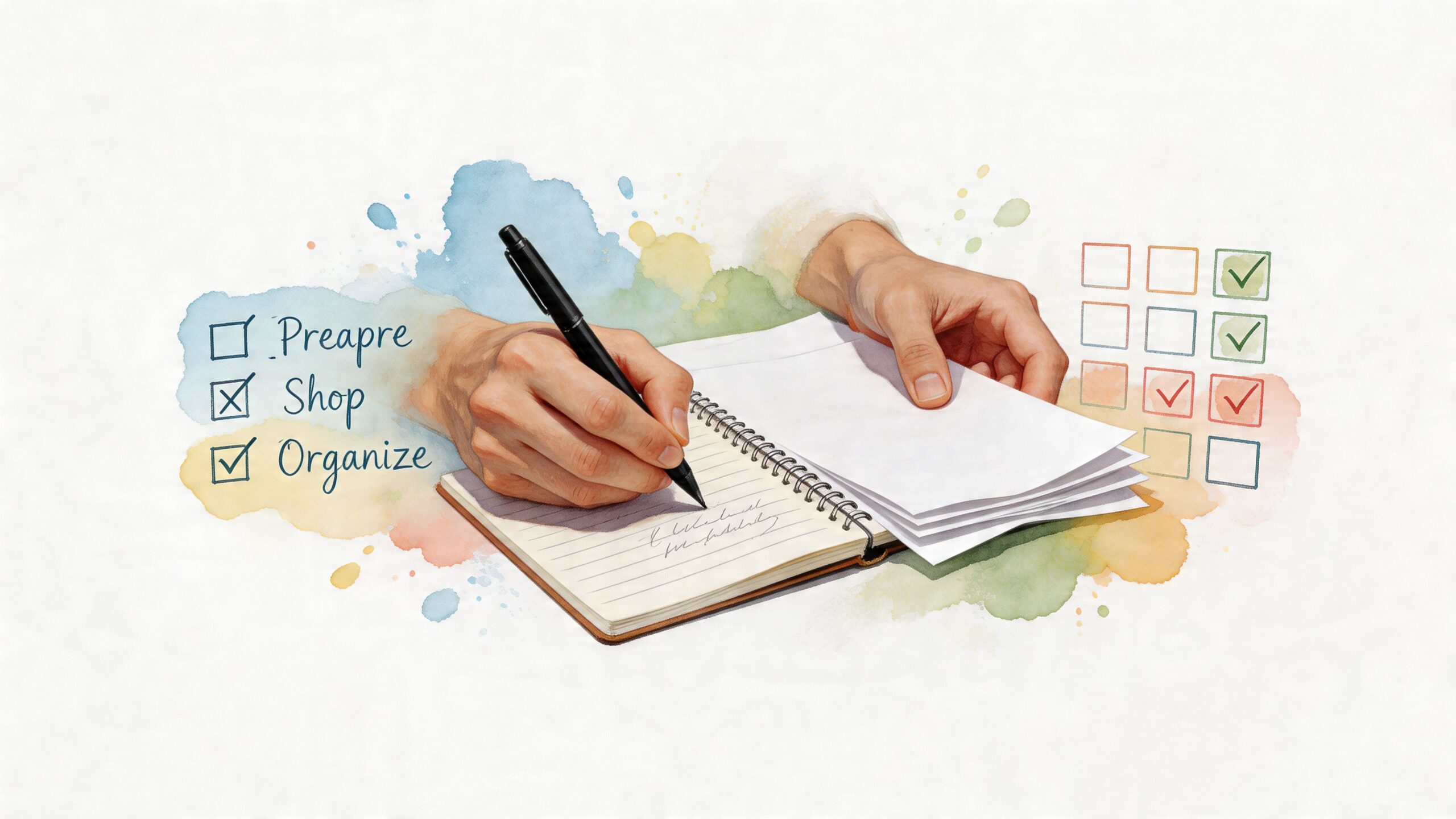 A hand writing in a notebook next to a checklist labeled prepare, shop, and organize tasks.