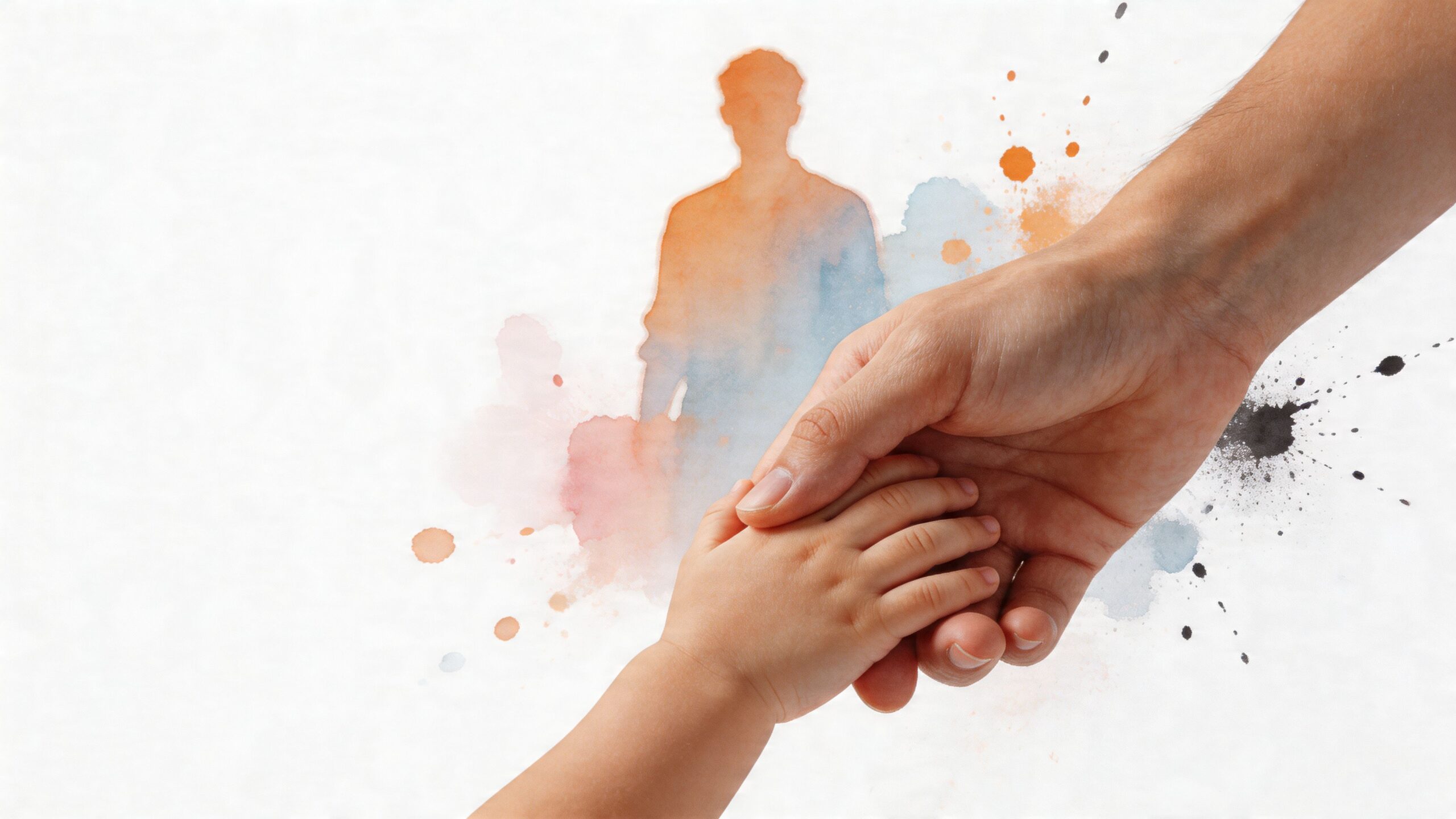 A close-up view of an adult hand holding a child's hand against a watercolor background silhouette.
