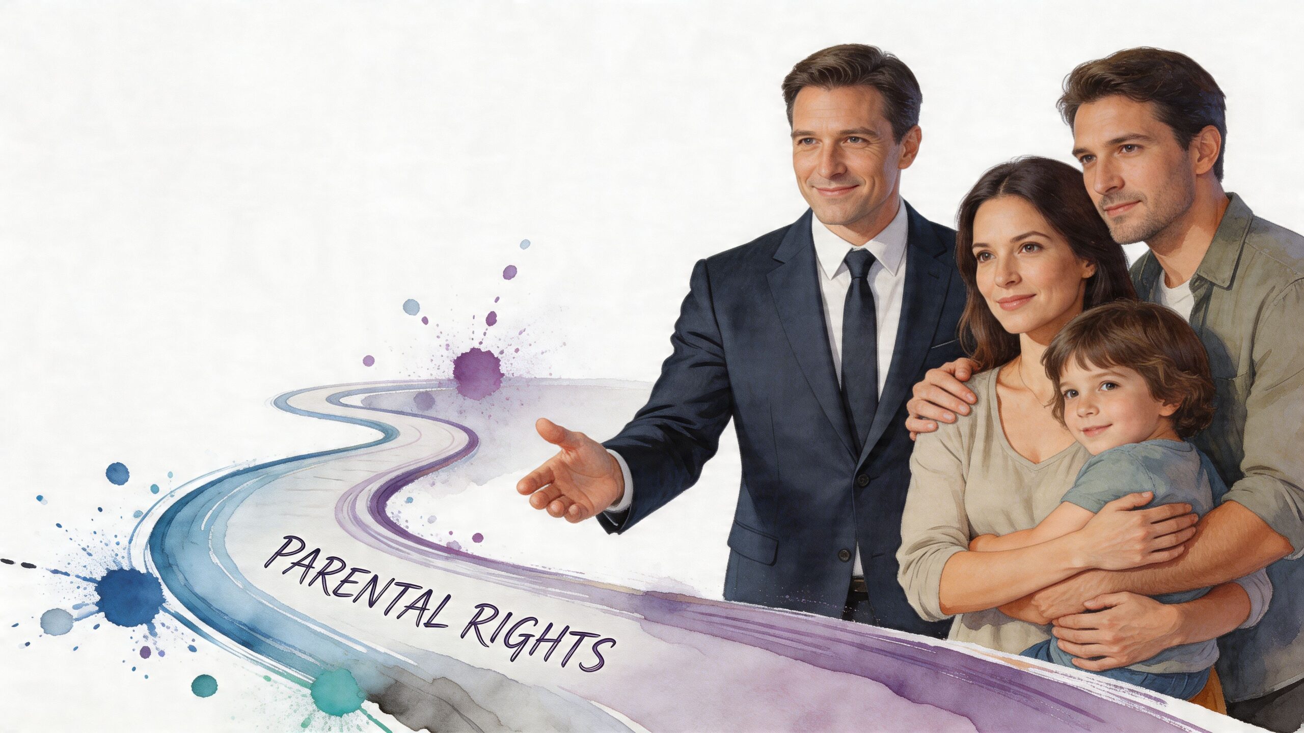 A professional lawyer gesturing toward a family of three, symbolizing legal support for parental rights issues.