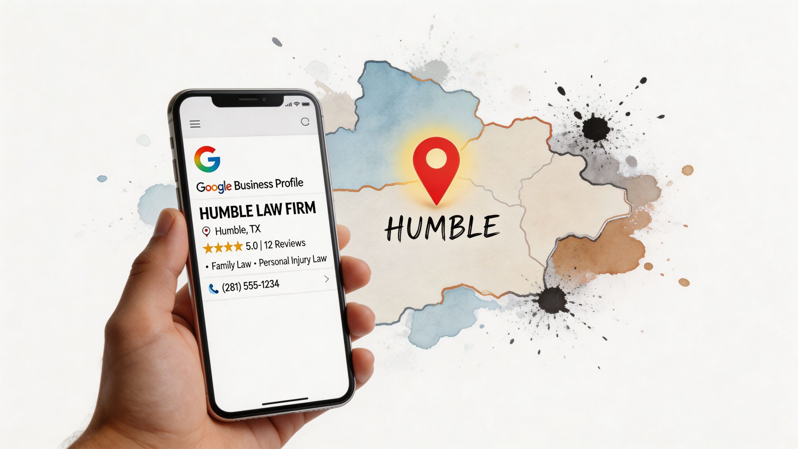 A hand holding a smartphone displaying a Google Business Profile for Humble Law Firm in Texas.