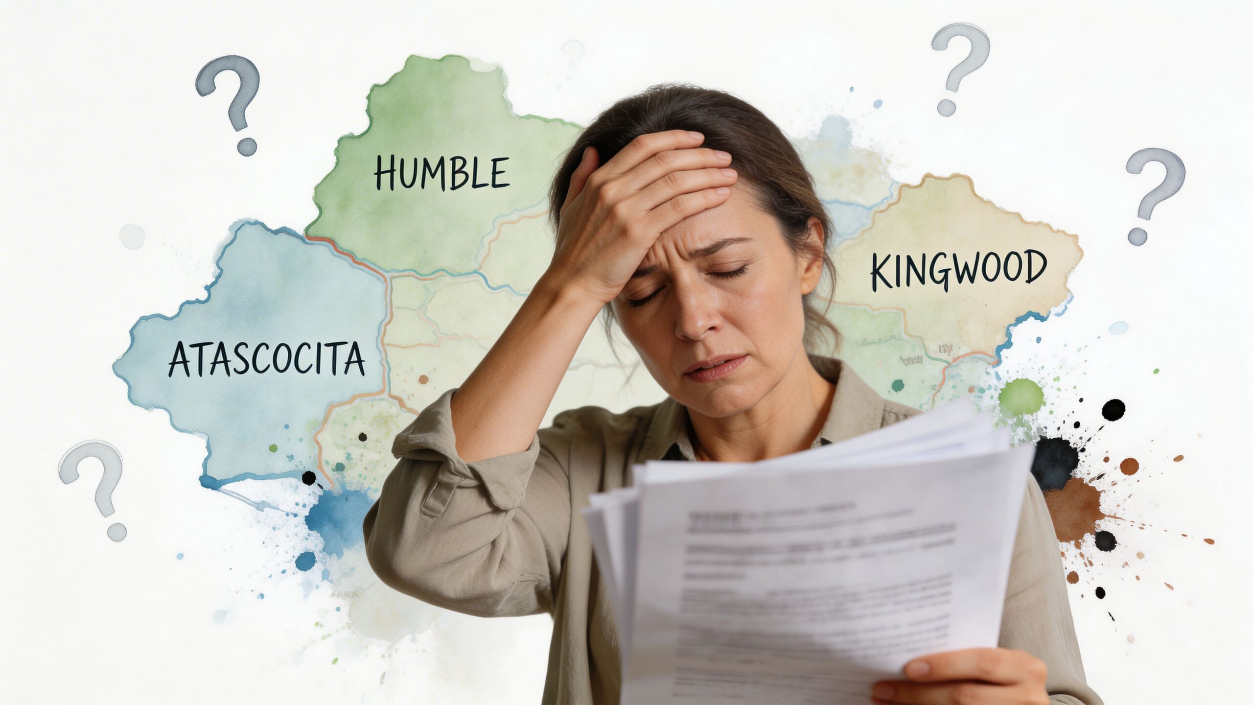 A confused woman holding legal documents while looking at a map of Atascocita, Humble, and Kingwood Texas.