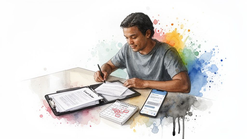 A man signs a 'Court Order' document, with a calendar and phone nearby, surrounded by colorful watercolor splashes.