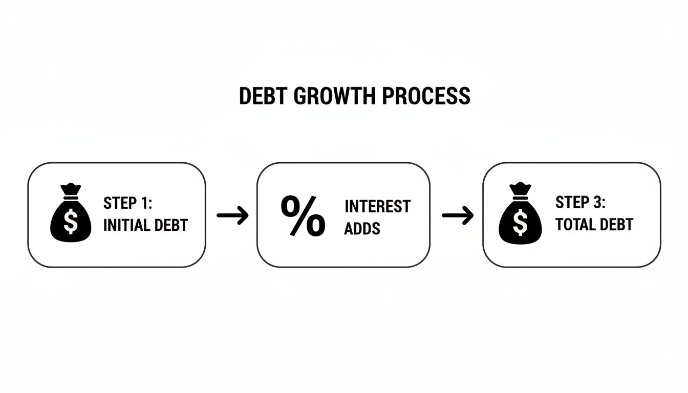 A flowchart illustrating the debt growth process from initial debt through interest addition to total debt.
