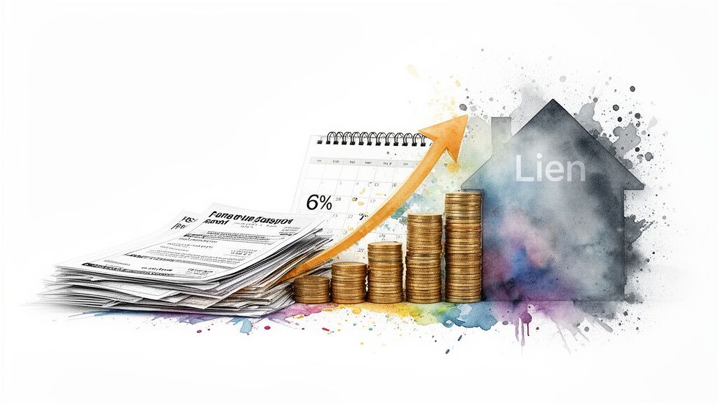 Illustration of rising financial burden: documents, calendar, increasing coins, upward arrow, and a house marked 'Lien'.