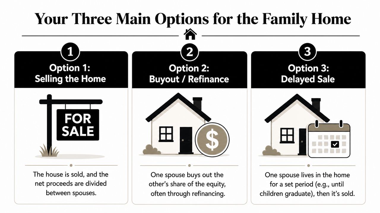 An infographic showing three main options for the family home during a divorce settlement.
