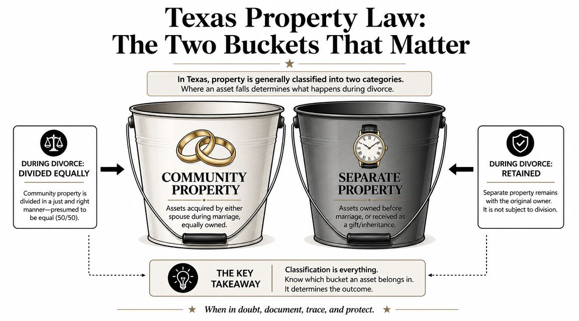 An infographic explaining Texas property law categories, community property and separate property, for divorce settlement considerations.