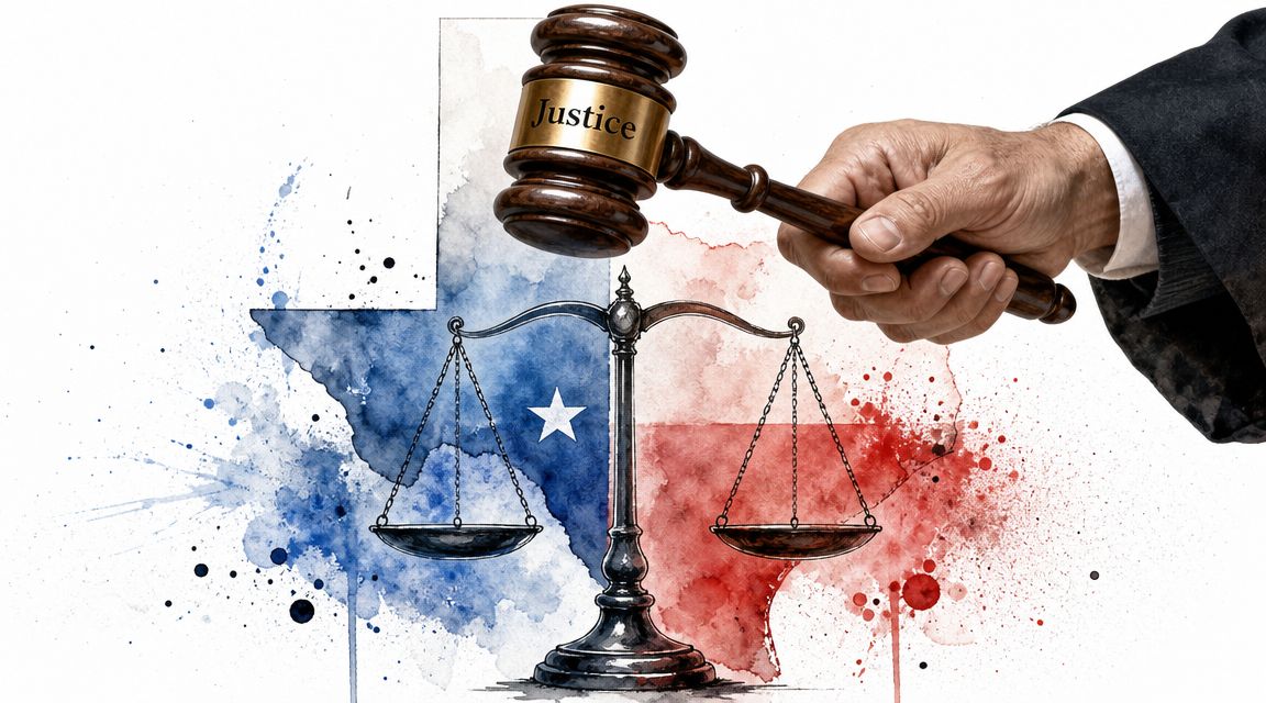 A hand holding a gavel over a scale of justice against a watercolor map of Texas.