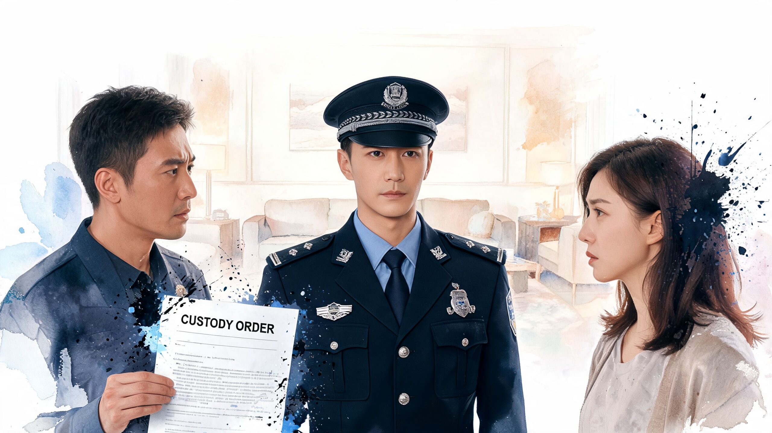A police officer and two individuals looking at a custody order document in a dramatic setting.