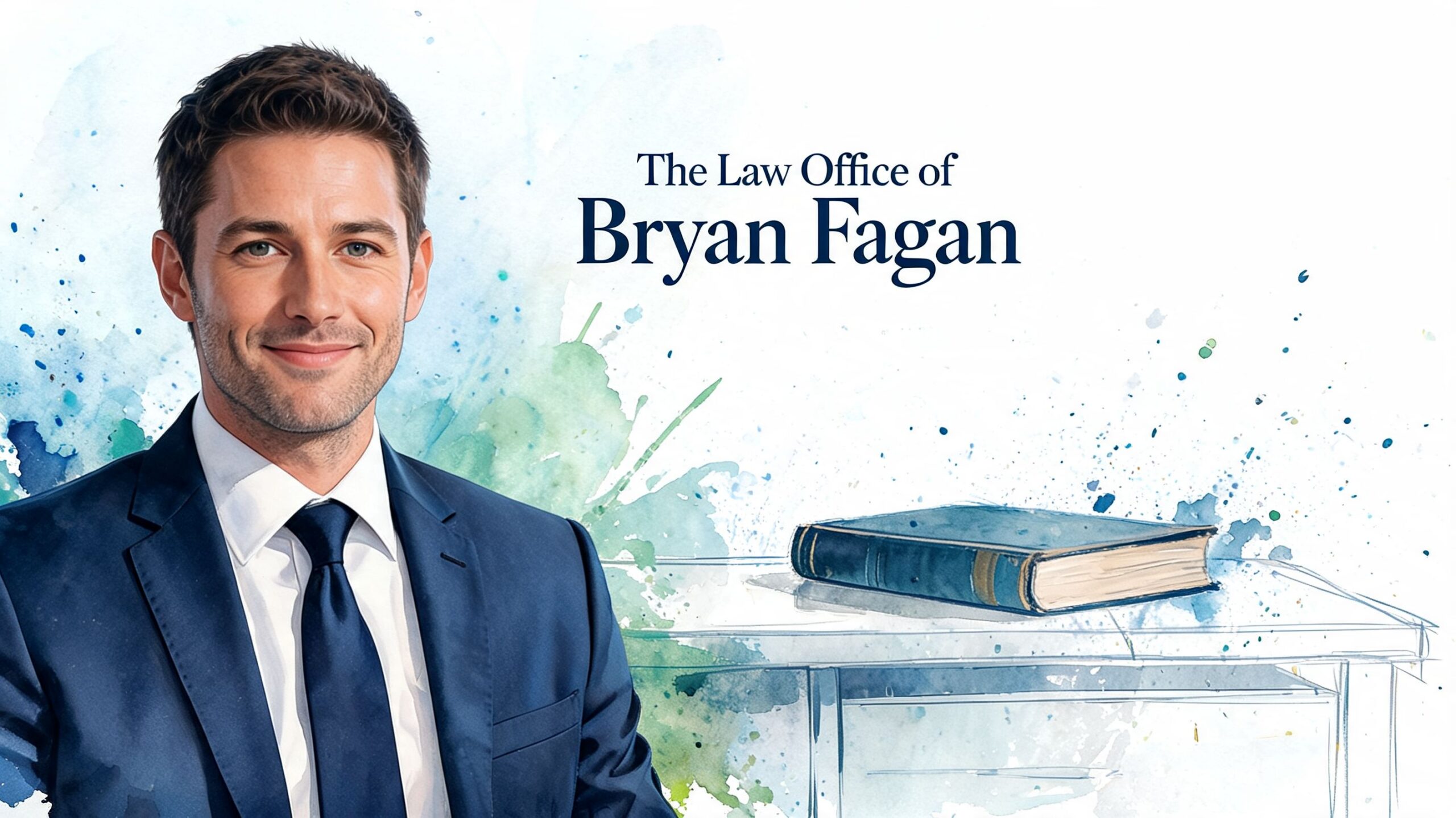 A professional lawyer wearing a suit standing next to a law book illustration for legal services.