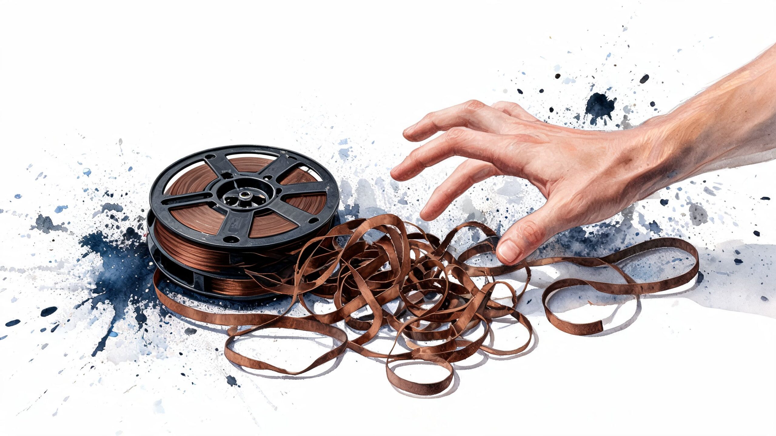A hand reaching toward a tangle of magnetic audio tape spilling from a vintage reel on white.