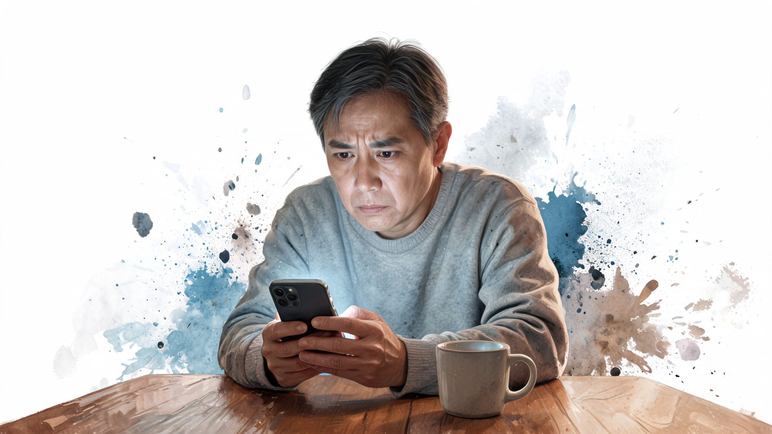 A middle-aged man with a concerned expression looking at his smartphone while seated at a wooden table.