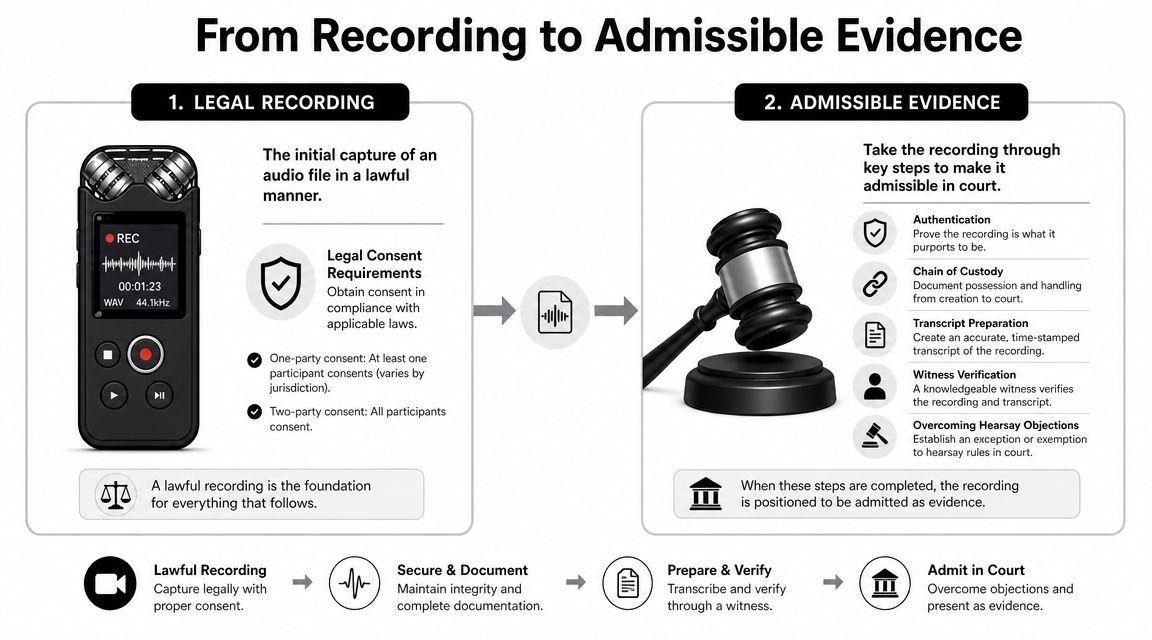 An infographic illustrating the legal process of turning an audio recording into admissible court evidence.