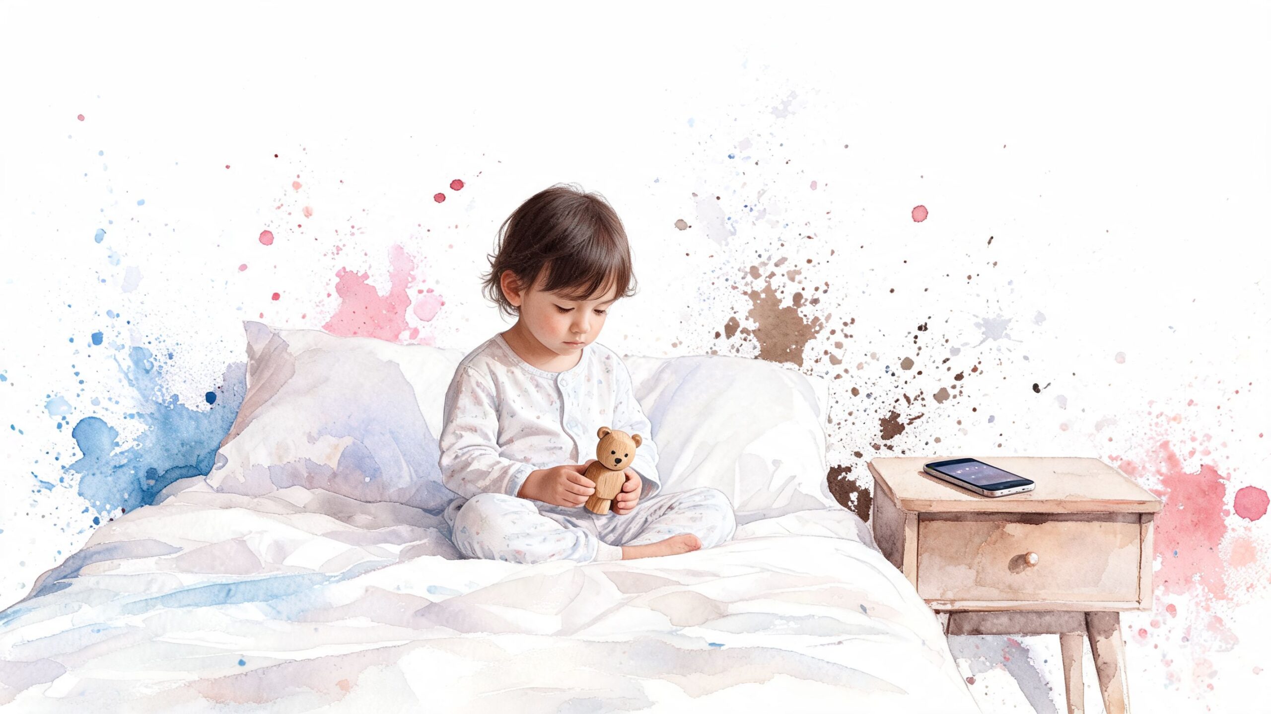A young toddler sitting on a bed in pajamas holding a small wooden teddy bear, watercolor style.