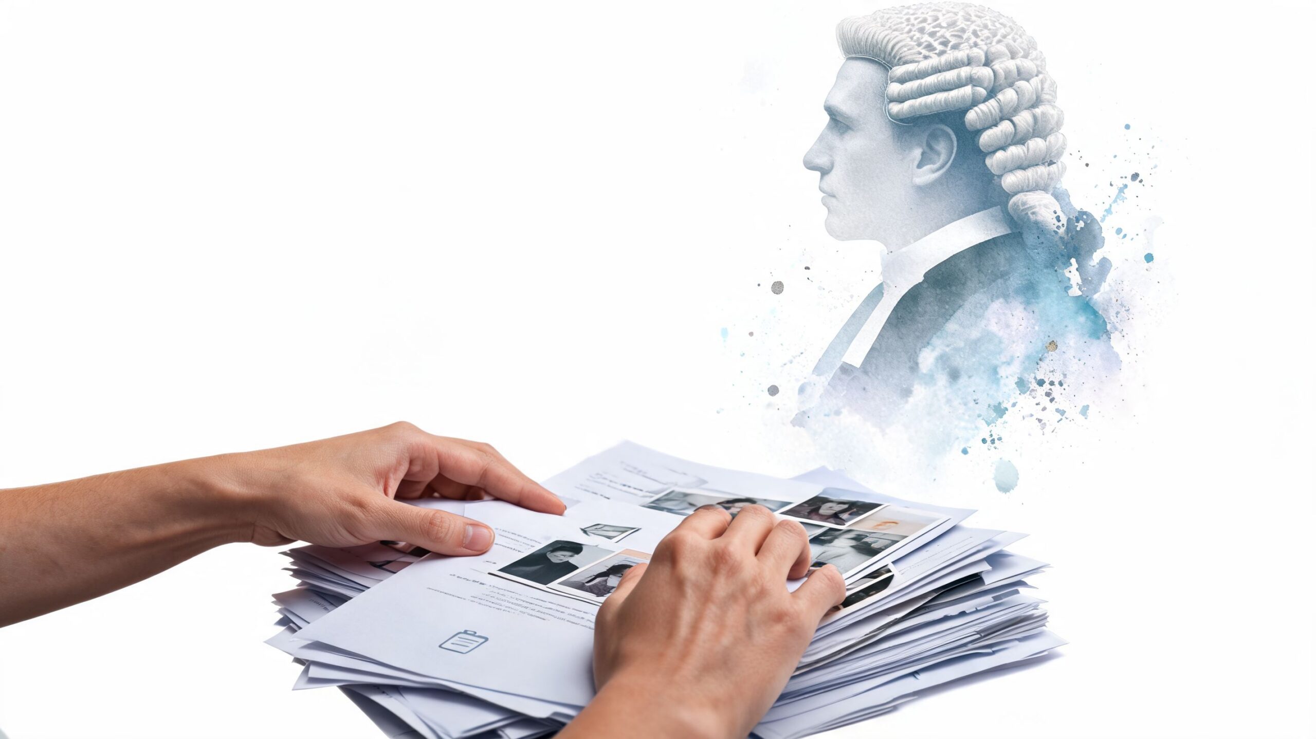 A person reviewing legal documents while a ghostly lawyer in a traditional wig appears above them.