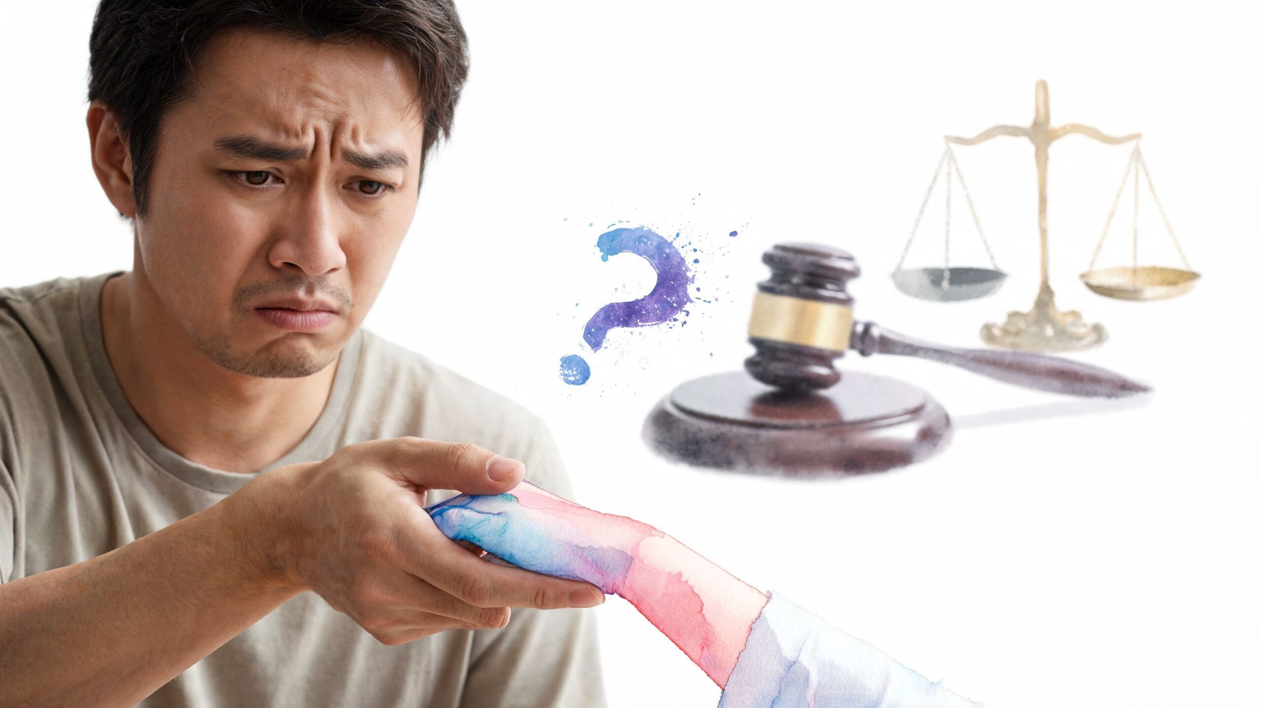 A concerned man holding a hand with a watercolor overlay representing legal uncertainty and child custody issues.