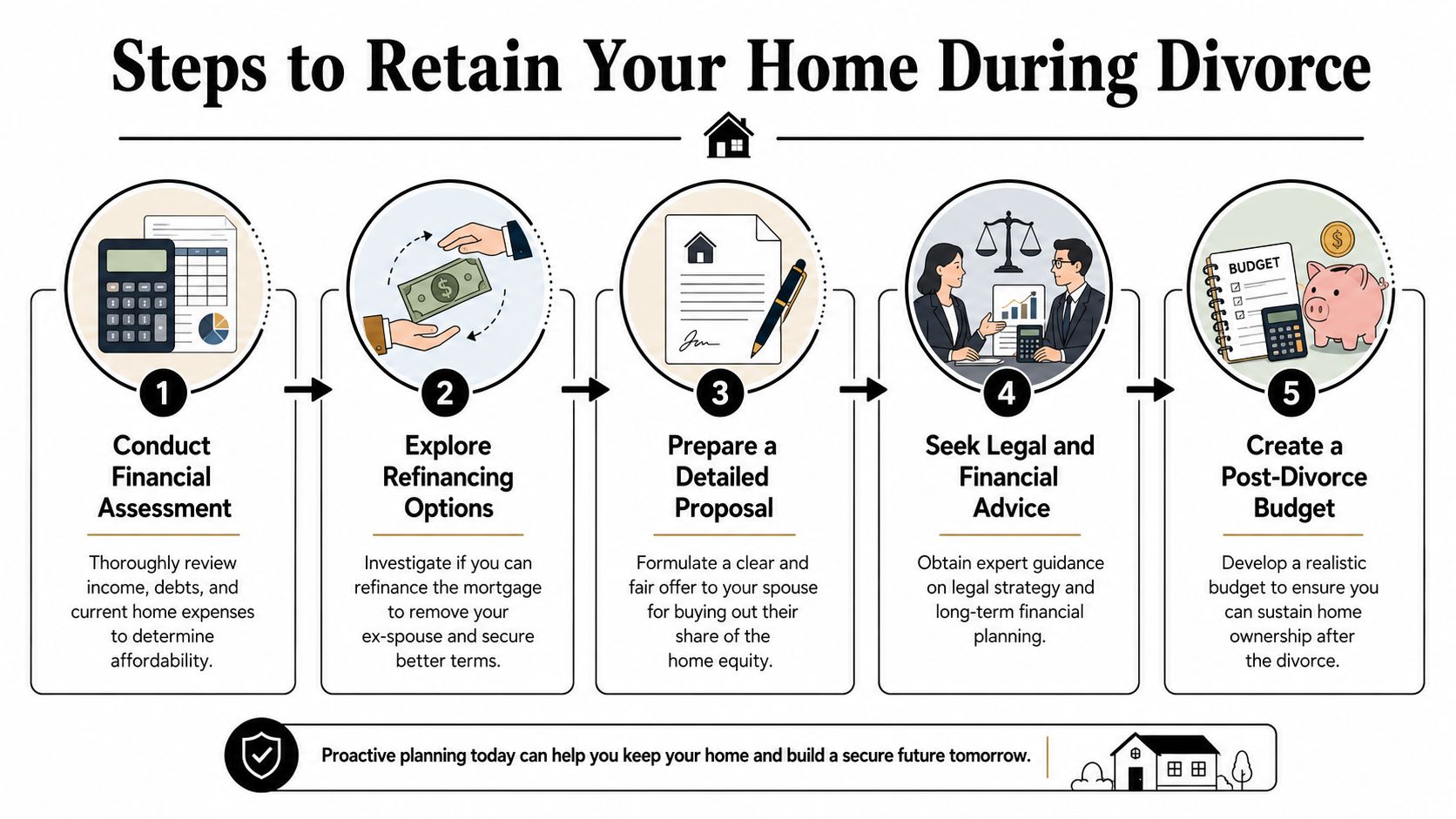 An infographic titled Steps to Retain Your Home During Divorce showing five key financial planning stages.