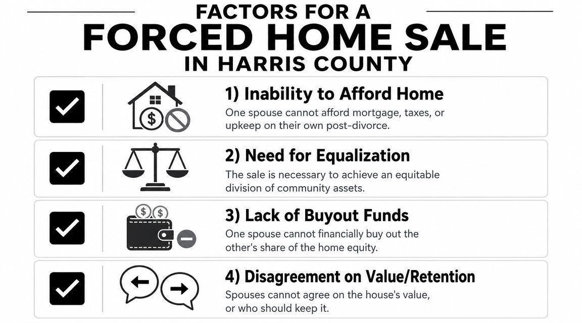 A graphic listing four common reasons for a forced home sale during divorce in Harris County, Texas.
