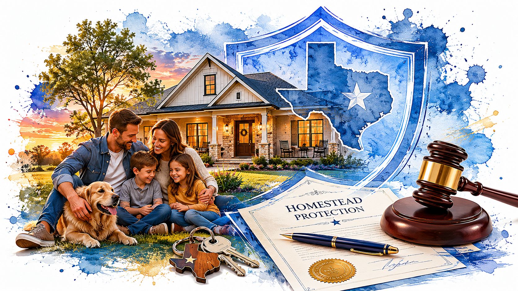 A family sits on grass in front of their home next to a Texas homestead protection document.