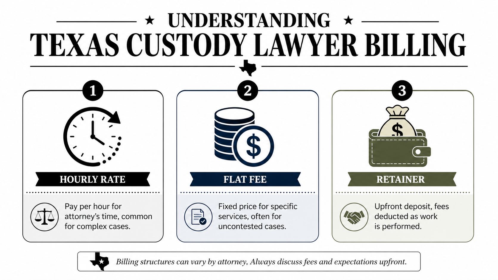 An infographic explaining the three main billing methods for Texas child custody lawyers: hourly, flat, and retainer.