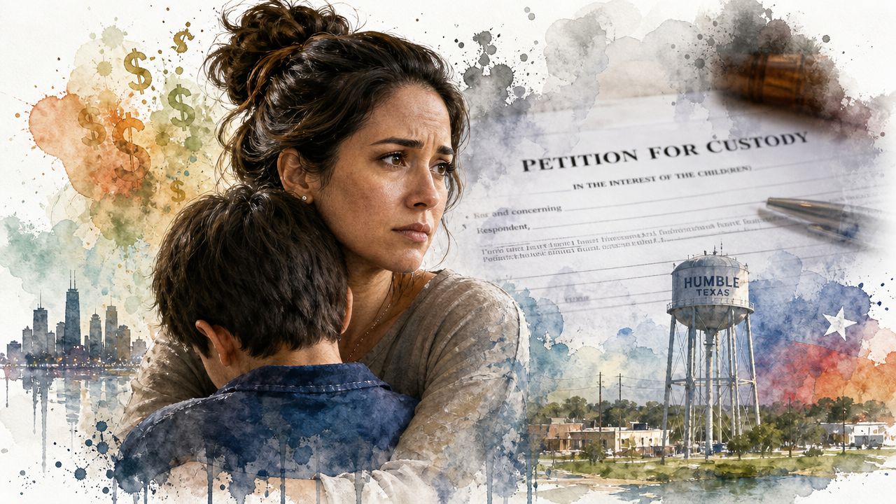 A concerned mother embraces her young son next to legal custody documents and the Humble, Texas skyline.
