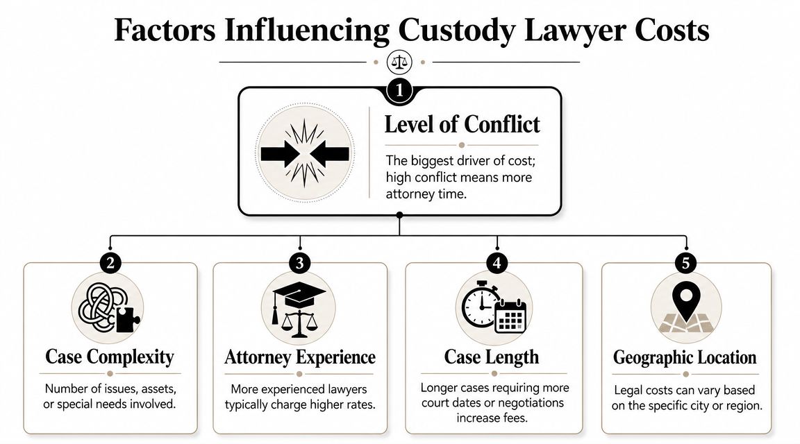 An infographic showing five key factors that influence the total cost of a child custody lawyer.