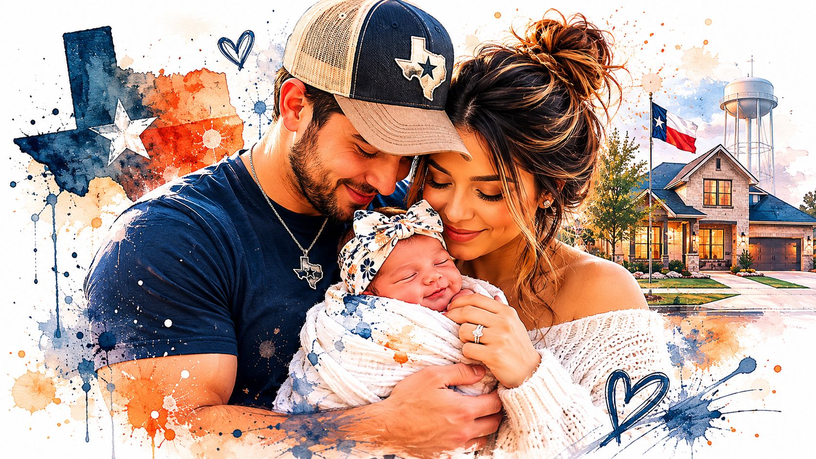 A happy young couple holding their newborn baby in front of a Texas themed artistic background.