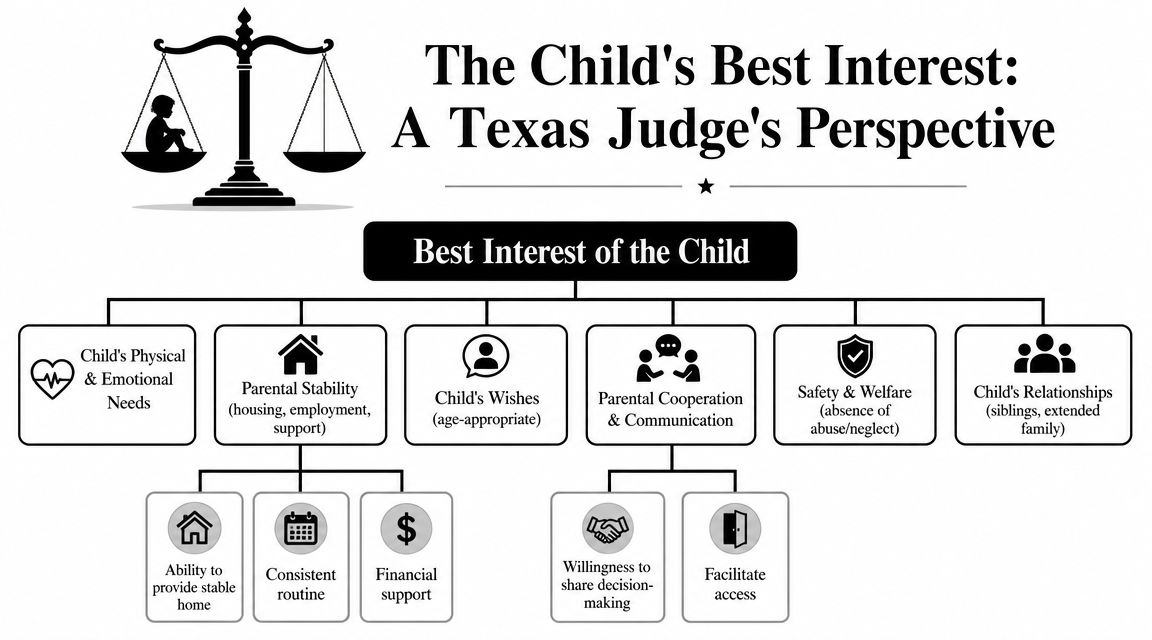 A diagram outlining the key factors Texas judges consider for determining the best interest of a child.
