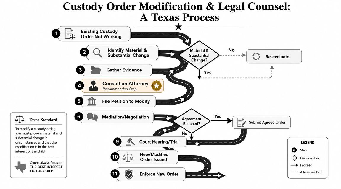 A flowchart detailing the legal process for modifying child custody orders in the state of Texas.