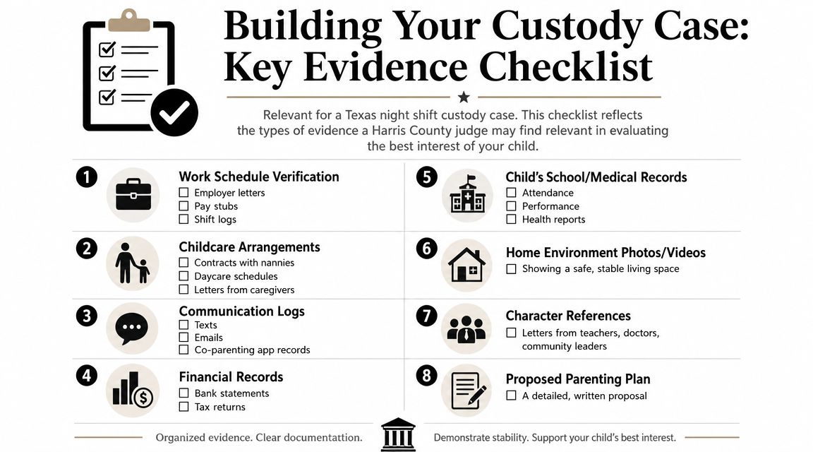A checklist of evidence for Texas parents working night shifts to use in custody cases.