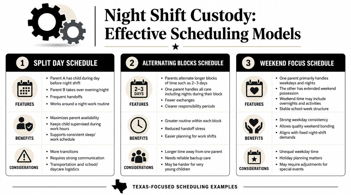 An infographic titled Night Shift Custody, detailing three common scheduling models for parents working night shifts.