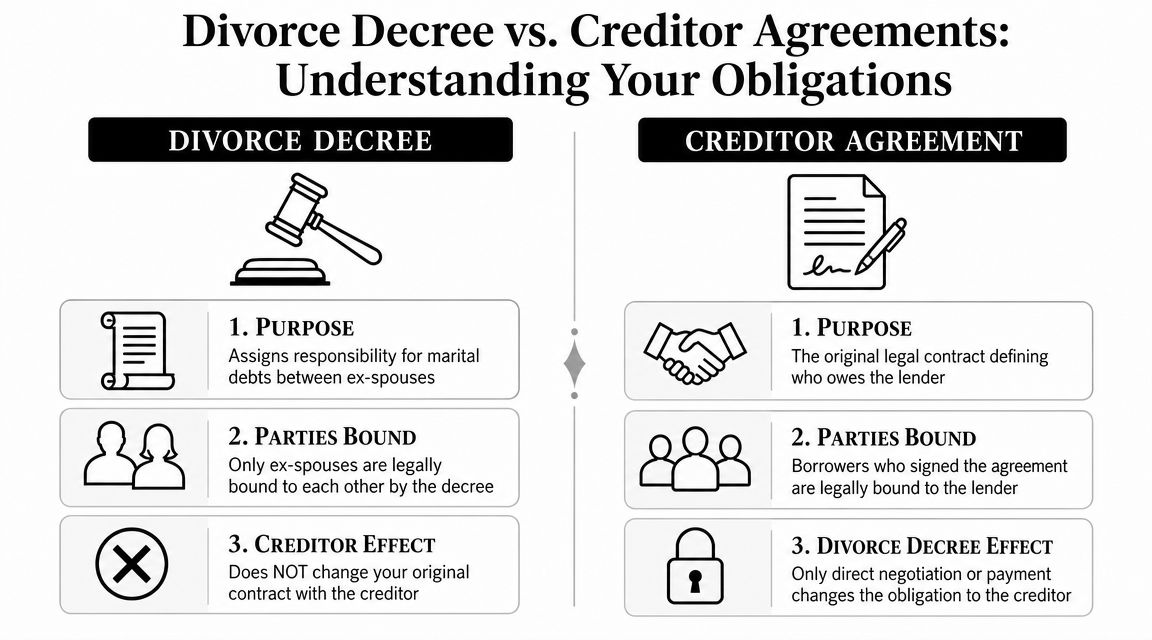A comparison chart showing how divorce decrees differ from original creditor agreements regarding legal debt obligations.