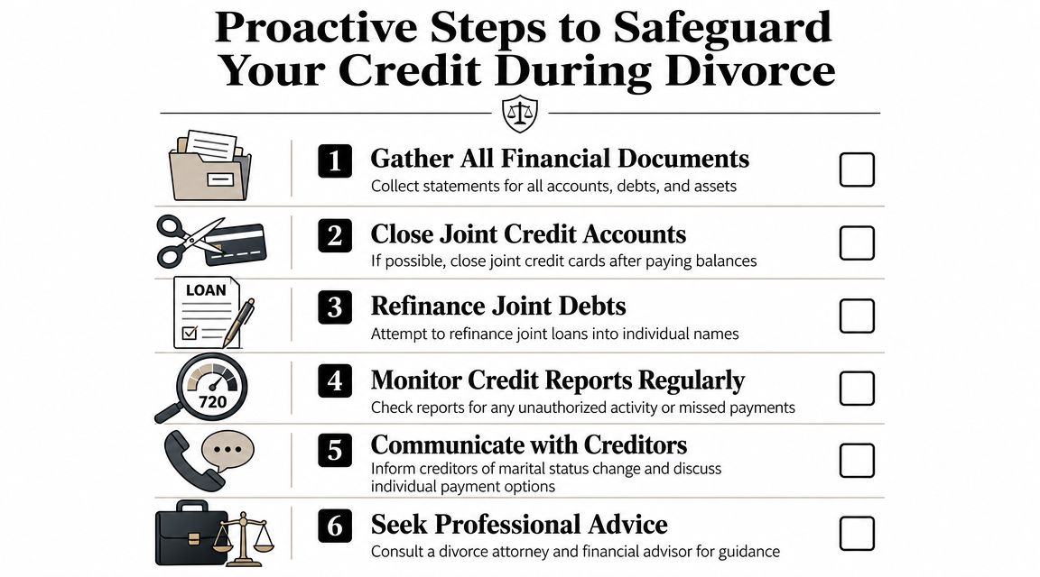 A checklist infographic titled Proactive Steps to Safeguard Your Credit During Divorce, listing six essential financial advice points.