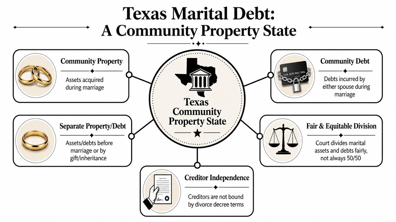 An infographic explaining marital property and debt laws in Texas as a community property state.