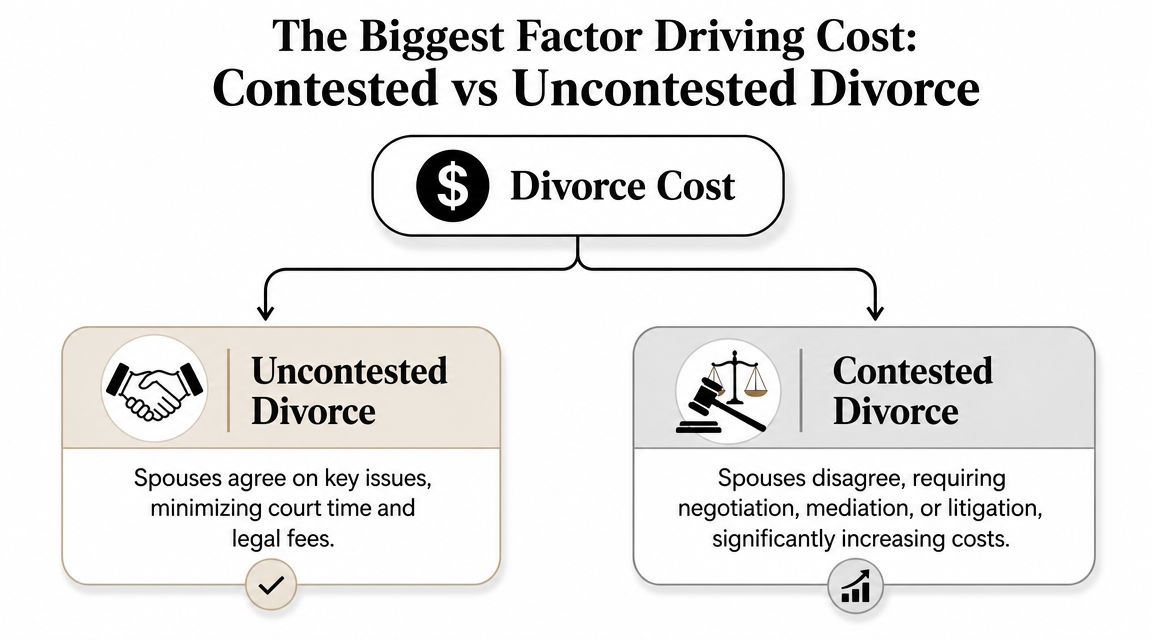 A flowchart showing how contested versus uncontested divorce proceedings significantly impact total legal divorce costs.