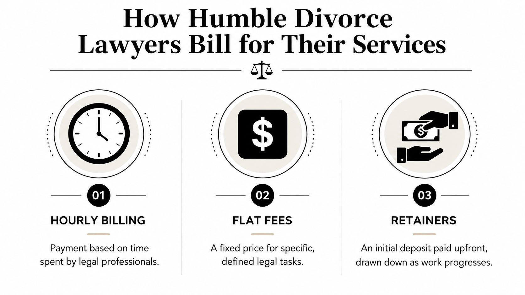 An infographic showing three ways divorce lawyers bill for services: hourly billing, flat fees, and retainers.