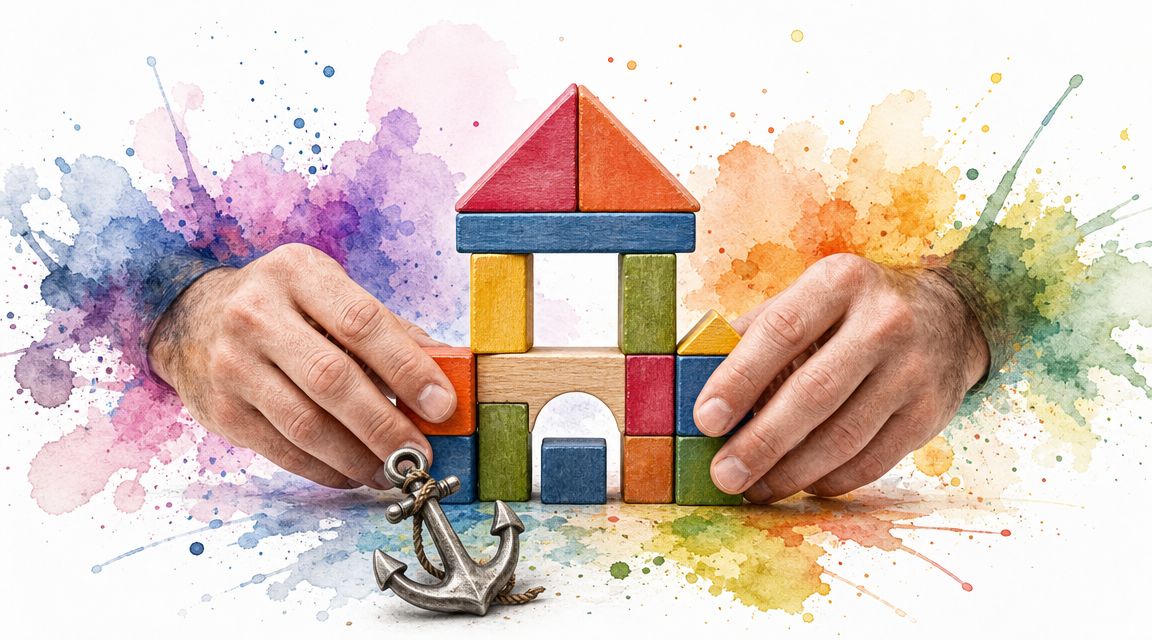 Adult hands gently placing building blocks to construct a toy house near a small metal anchor.