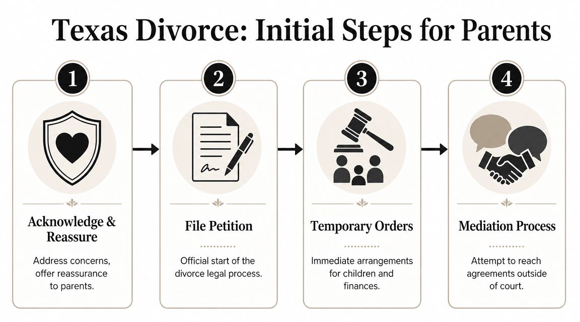 A four-step infographic showing the initial stages of a divorce process for parents in Texas.