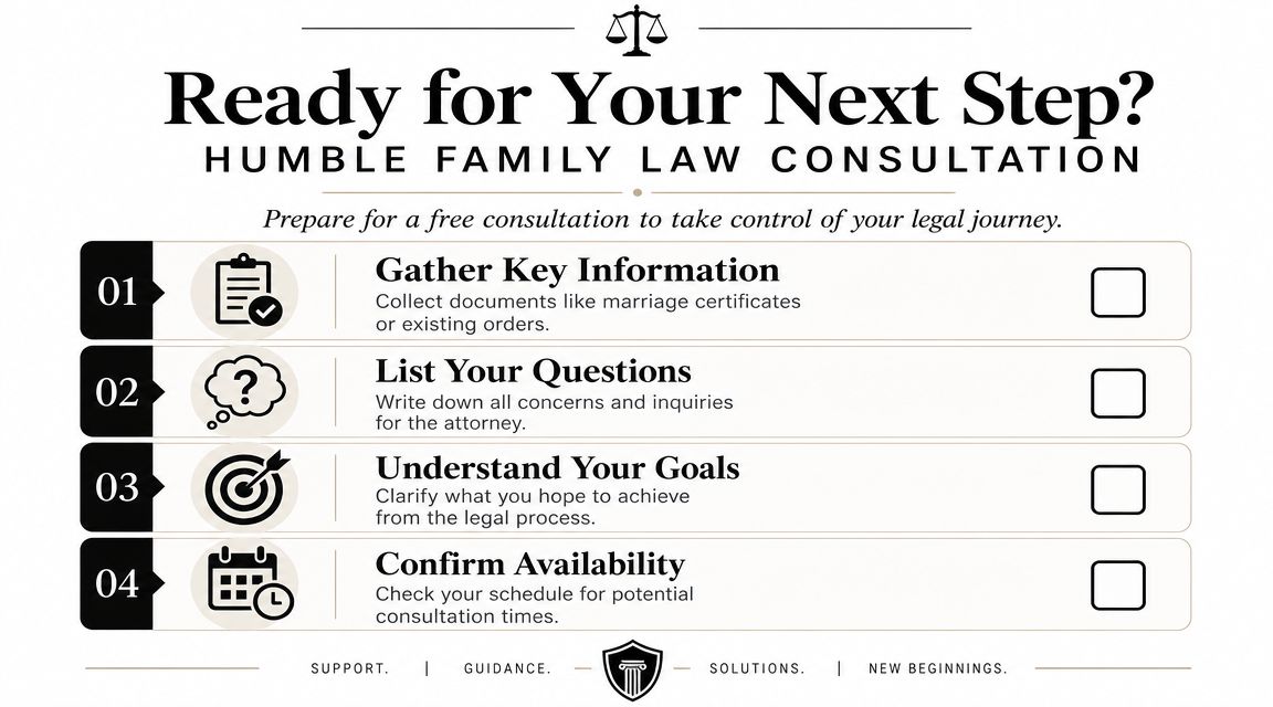 A checklist for preparing for a free family law consultation, featuring four steps with icons and text.