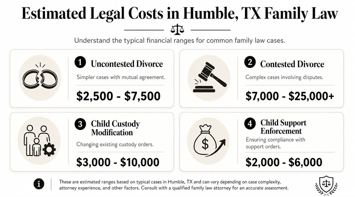 A visual guide showing estimated legal cost ranges for various family law cases in Humble, Texas.