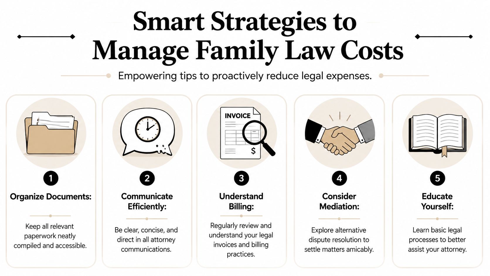 An infographic titled Smart Strategies to Manage Family Law Costs illustrating five tips to reduce legal expenses.