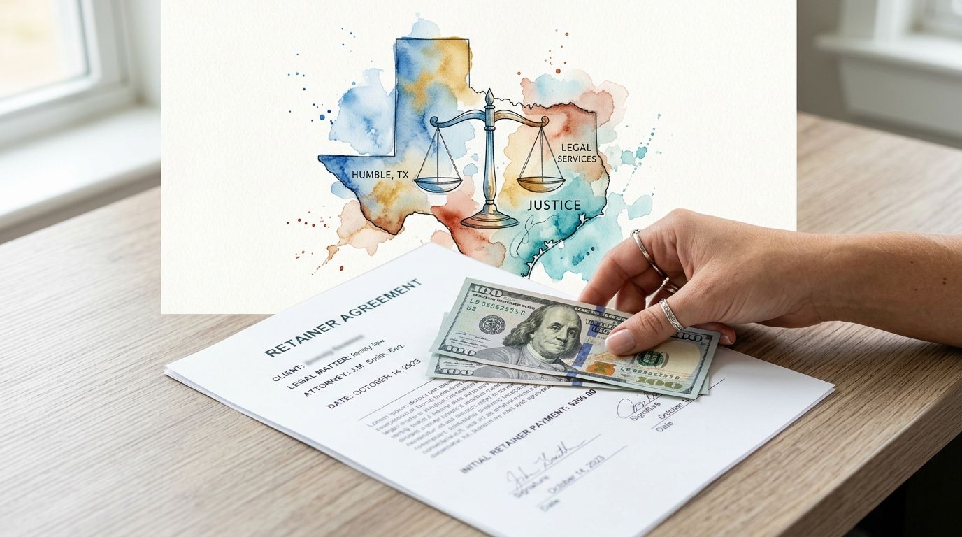 A hand holds one hundred dollar bills over a legal retainer agreement for a Humble Texas lawyer.