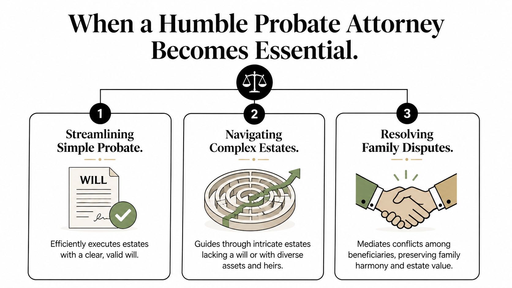 An infographic detailing the three main reasons to hire a probate attorney: streamlining probate, navigating complex estates, and resolving disputes.