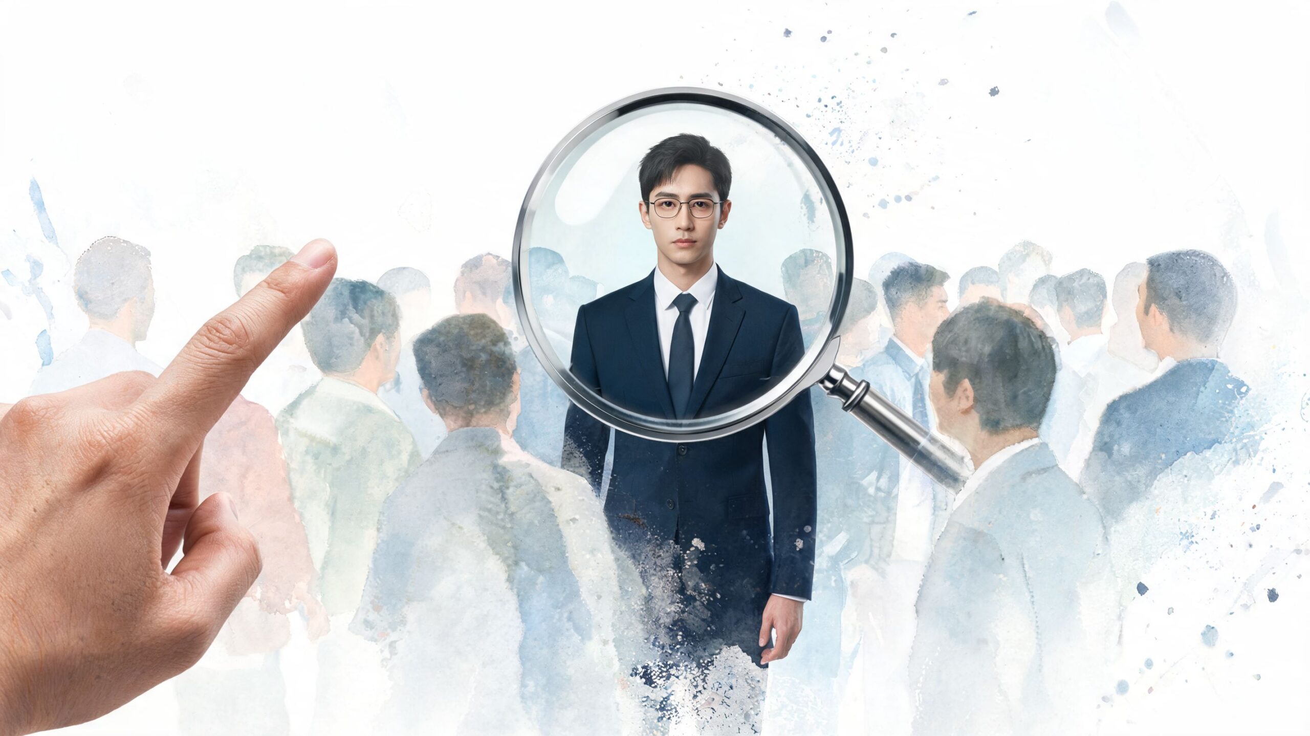 A magnifying glass focusing on a professional businessman standing in a large crowd of people.