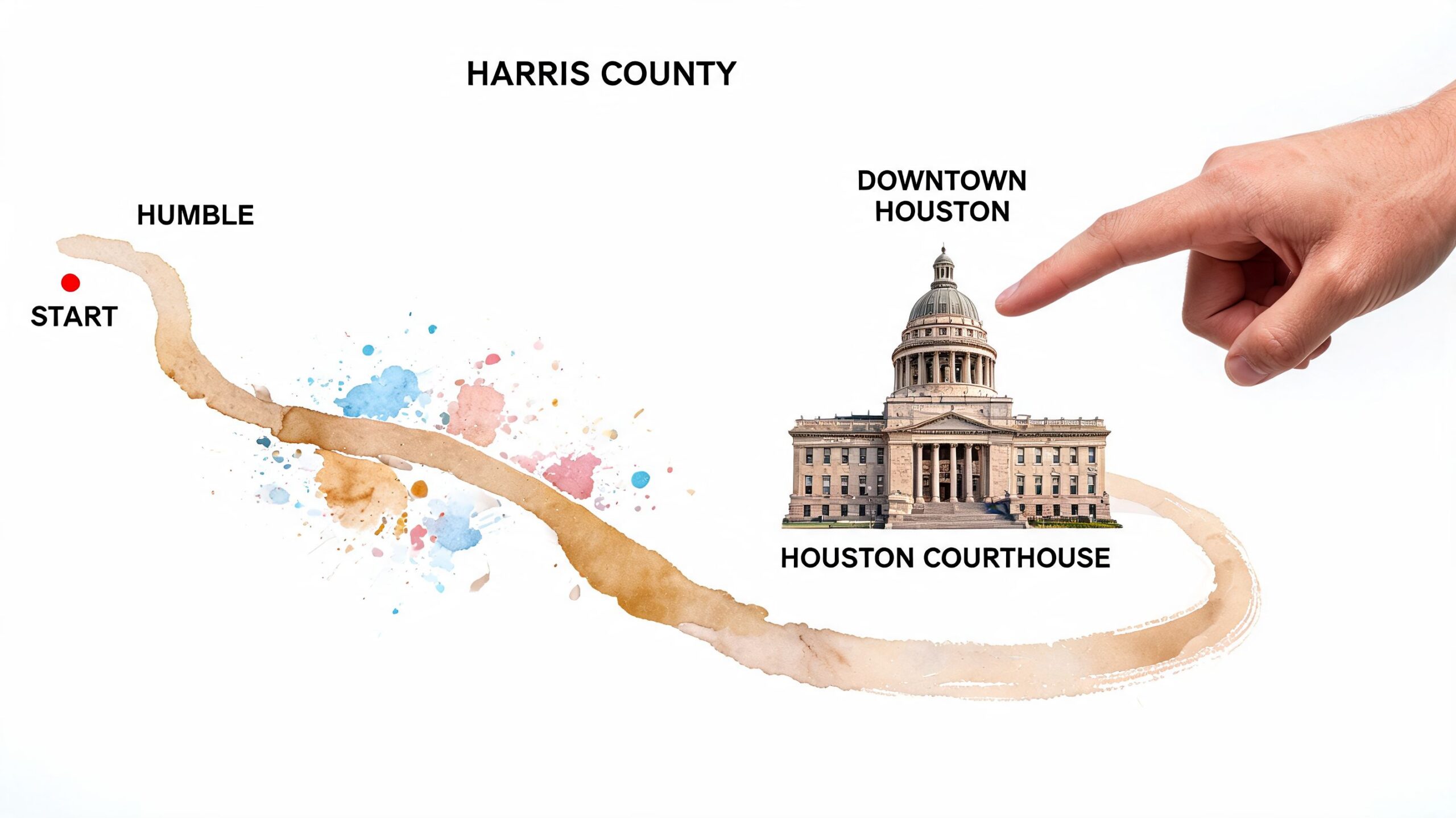 A map illustration showing a route from Humble, Texas to the Houston courthouse in Harris County.
