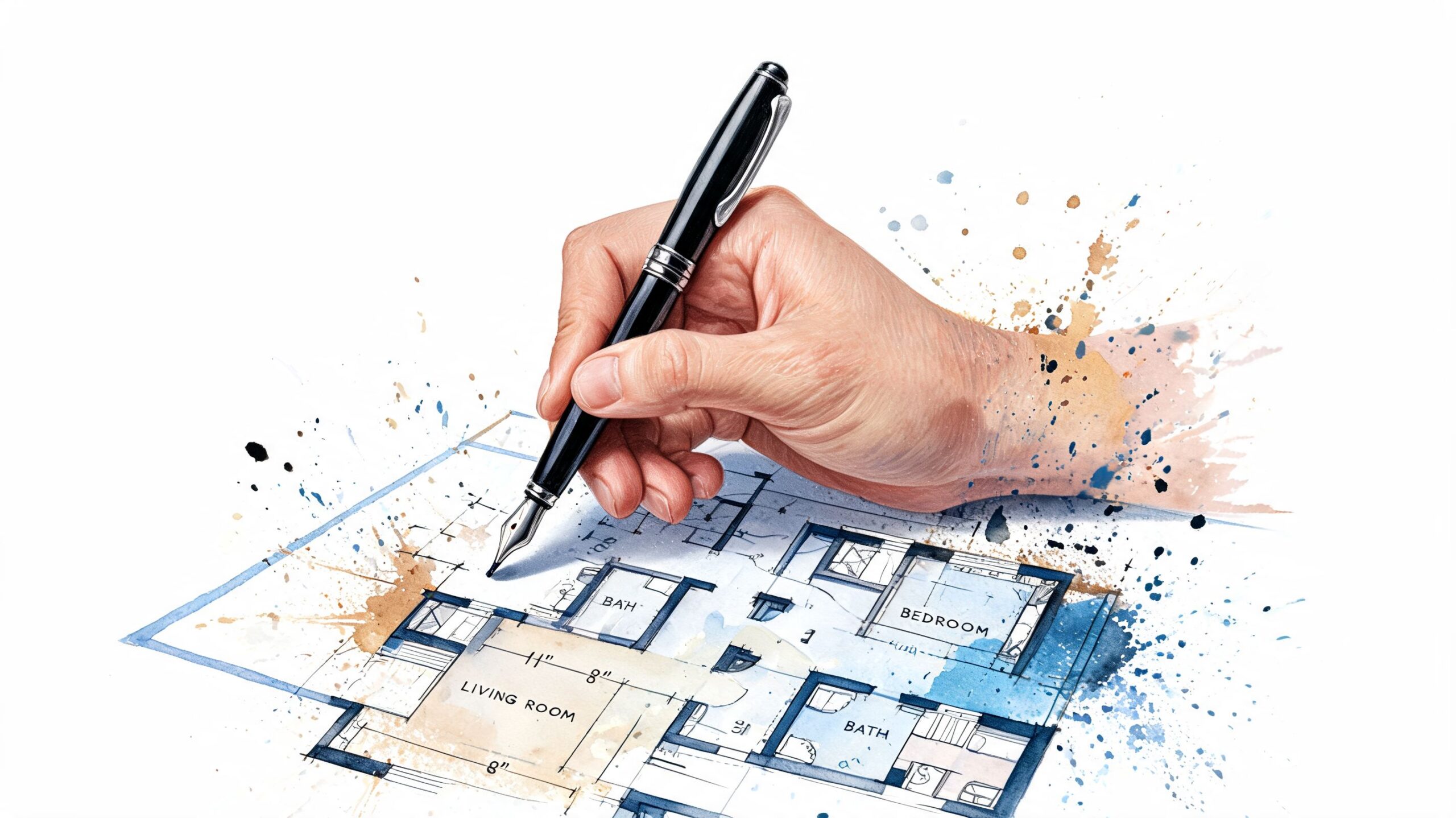 A hand holding a fountain pen sketching architectural house plans on white paper with watercolor splashes.