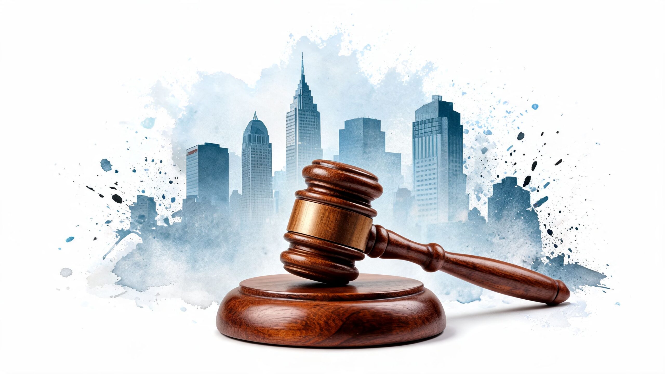 A wooden gavel resting on a sounding block against a backdrop of a blurred city skyline.