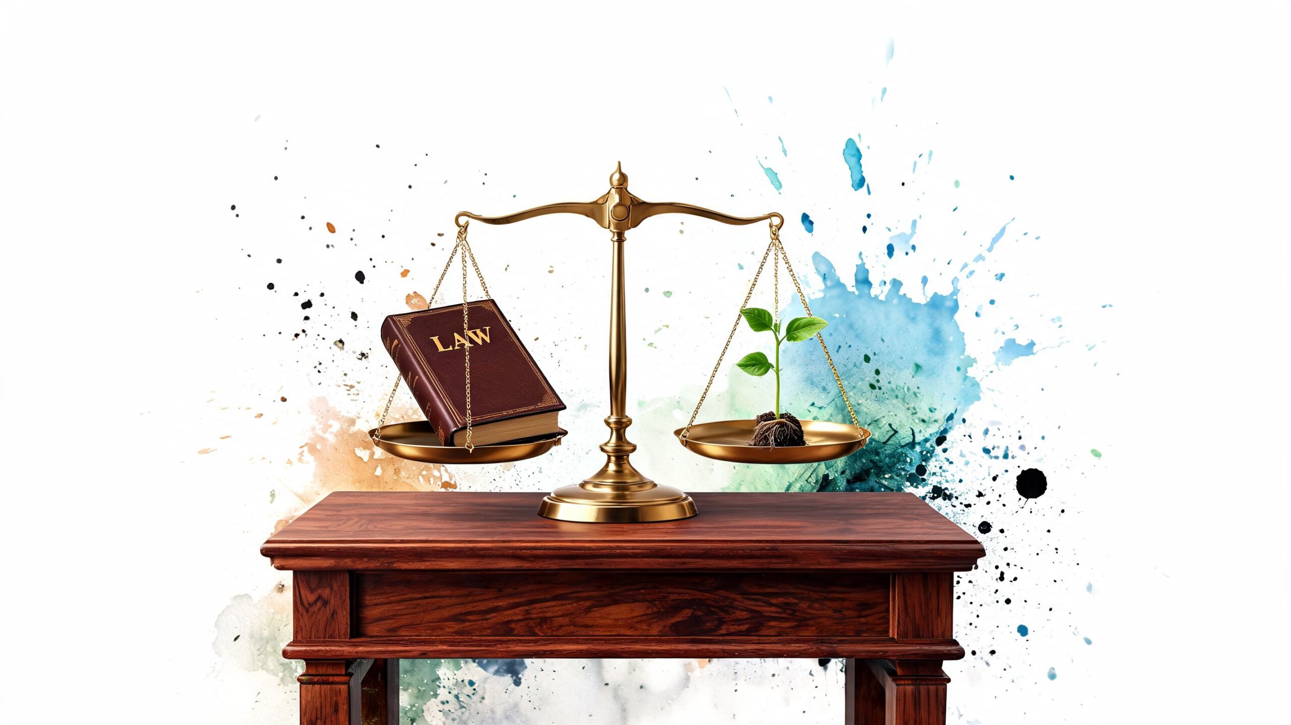 A legal scale holding a law book and a green plant on a wooden desk.
