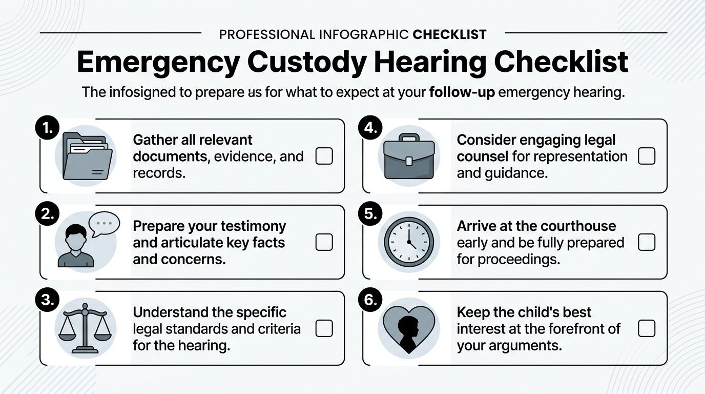 A professional checklist infographic detailing six essential steps for preparing for an emergency custody court hearing.