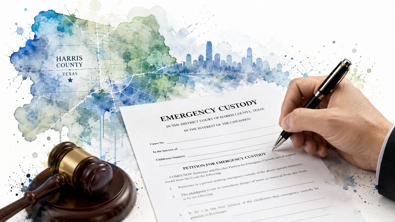 A hand signing an emergency custody legal document with a gavel beside a Harris County, Texas map.
