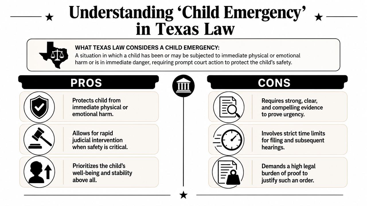 An infographic titled Understanding Child Emergency in Texas Law summarizing the legal pros and cons.